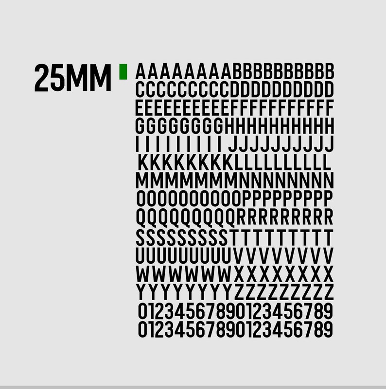 May include: A collection of black uppercase letters, numbers, and symbols, with the text "25MM" and a green square on a light gray background. The characters are arranged in rows.
