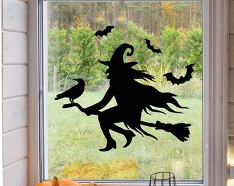 Old Witch Sticker Halloween Broomstick Bats Scary Vinyl Decal Window Wall