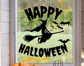 Witch Sticker Happy Halloween Bats Sticker Vinyl Decal Window Wall Decoration