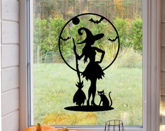 Witch Cat Bats Moon Sticker Halloween Vinyl Decal Window Wall Decoration Display