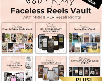 May include: A digital product bundle for social media featuring 680+ faceless reels with content, 100 post and story templates, and 100 dark aesthetic boss babe reels. The bundle includes MRR and PLR resell rights.