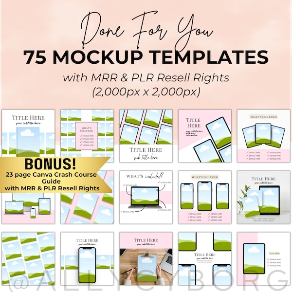 75 Digital Product Mockup Templates w/ Private Label Rights PLR & Master Resell Rights MRR DFY Digital Products To Resell Canva Template