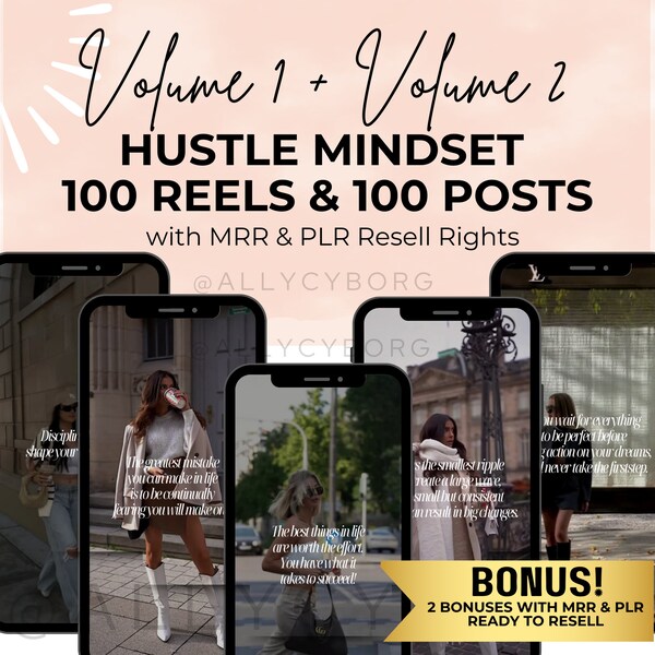200 Hustle CEO マインドセット リール & 投稿バンドル コンテンツ MRR マスター再販権 モチベーションを高める Instagram 投稿 引用リール バンドル DFY コンテンツ