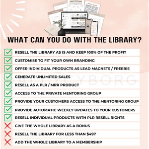 May include: A digital marketing library is displayed on a laptop, smartphones, and printed materials. The text reads "WHAT CAN YOU DO WITH THE LIBRARY?" followed by a list of options, including reselling and customization.