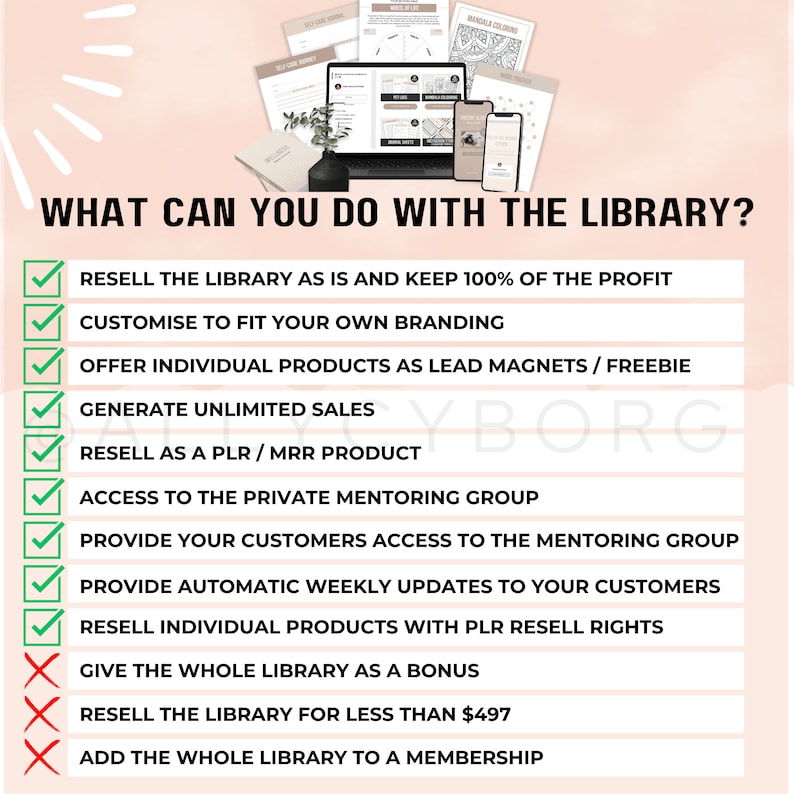 May include: A digital marketing library is displayed on a laptop, smartphones, and printed materials. The text reads "WHAT CAN YOU DO WITH THE LIBRARY?" followed by a list of options, including reselling and customization.