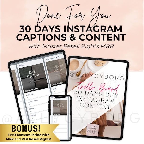 30 Days Done For You Instagram Caption and Content with Master Resell Rights  plus TWO Bonuses w/ MRR & Private Label Rights PLR To Resell