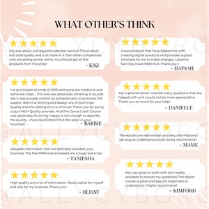 May include: A collage of customer testimonials with five-star ratings for a digital product. The testimonials highlight the quality, value, and helpfulness of the product. The text includes phrases like "absolutely amazing", "high quality", "valuable information", and "easy to understand".