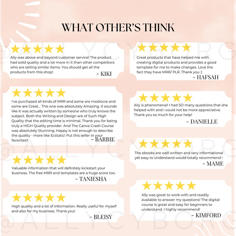 May include: A collage of customer testimonials with five-star ratings for a digital product. The testimonials highlight the quality, value, and helpfulness of the product. The text includes phrases like "absolutely amazing", "high quality", "valuable information", and "easy to understand".