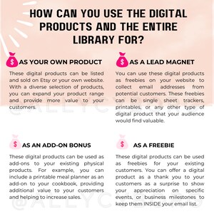 May include: A pink and white graphic with the text "HOW CAN YOU USE THE DIGITAL PRODUCTS AND THE ENTIRE LIBRARY FOR?" and four options: "AS YOUR OWN PRODUCT", "AS A LEAD MAGNET", "AS AN ADD-ON BONUS", and "AS A FREEBIE".