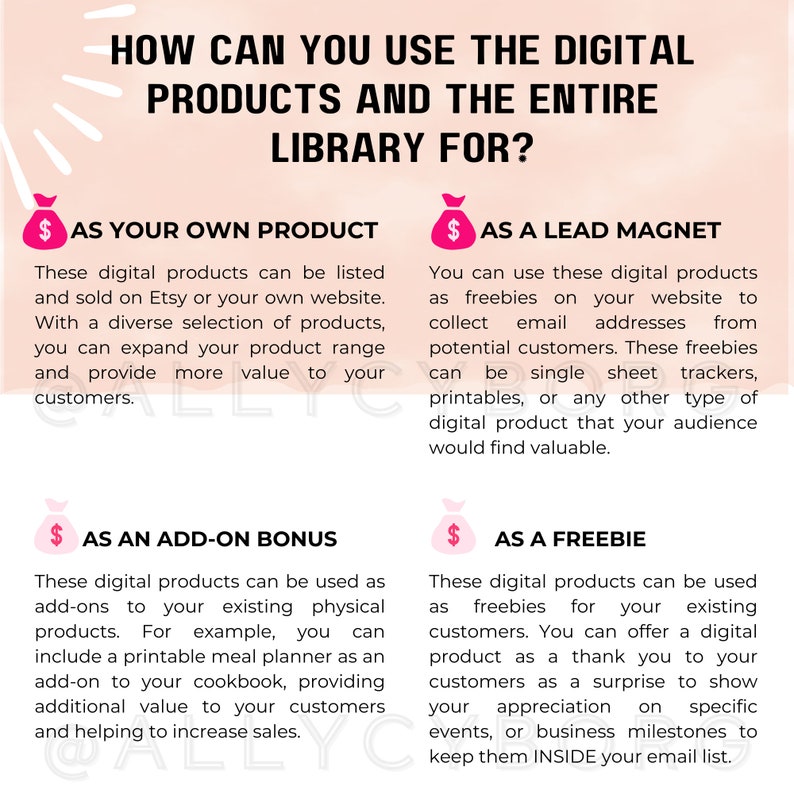 May include: A pink and white graphic with the text "HOW CAN YOU USE THE DIGITAL PRODUCTS AND THE ENTIRE LIBRARY FOR?" and four options: "AS YOUR OWN PRODUCT", "AS A LEAD MAGNET", "AS AN ADD-ON BONUS", and "AS A FREEBIE".
