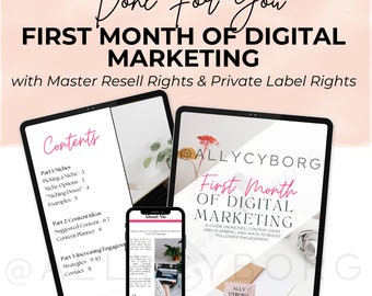 May include: A digital marketing guide titled "First Month of Digital Marketing" with a guide on niches, content ideas, and planning. The guide includes a table of contents with sections on niches, content ideas, and increasing engagement. The guide is offered with master resell rights and private label rights.