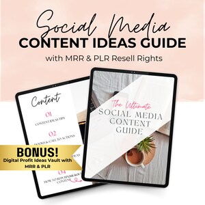 May include: A digital product guide with the title "The Ultimate Social Media Content Guide" on a tablet screen. The guide includes tips on content ideas, hooks, calls to action, and repurposing content. A bonus digital profit ideas vault is also included.