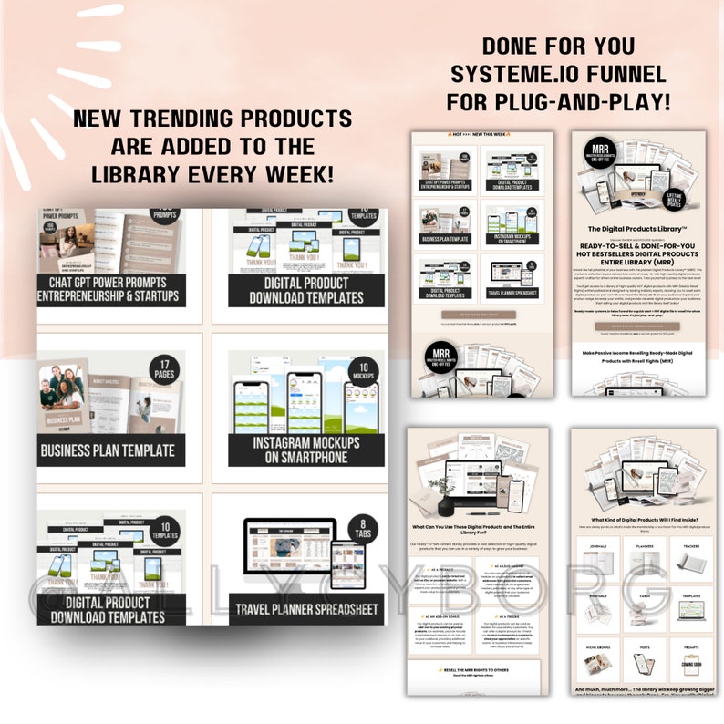May include: A promotional graphic with the text "NEW TRENDING PRODUCTS ARE ADDED TO THE LIBRARY EVERY WEEK!" and "DONE FOR YOU SYSTEME.IO FUNNEL FOR PLUG-AND-PLAY!". The image showcases various digital product templates, including business plans, Instagram mockups, and travel planner spreadsheets.