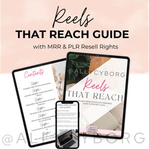 Könnte beinhalten: Ein digitaler Leitfaden mit dem Titel "Reels That Reach" mit dem Social-Media-Handle des Autors @ALLYCYBORG. Der Leitfaden enthält Tipps und Tricks, um Ihr Reel-Spiel auf die nächste Stufe zu heben. Der Leitfaden wird auf einem Tablet und einem Smartphone angezeigt.
