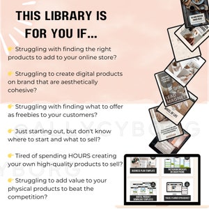 May include: A laptop displays digital product mockups and templates. The text reads "THIS LIBRARY IS FOR YOU IF..." followed by questions about online store products, digital product creation, freebies, and product value. Various digital product covers are also shown.