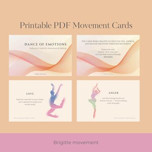 Pode incluir: Cart&otilde;es de movimento PDF imprim&iacute;veis com o texto "Dance of Emotions", "Love" e "Anger". Os cart&otilde;es apresentam ilustra&ccedil;&otilde;es de bailarinos e linhas fluidas em tons de rosa, p&ecirc;ssego e azul.