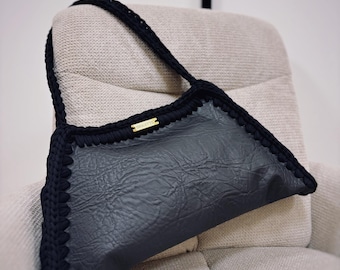 Brigitte No.17 – Black Vegan Leather & Crochet Shoulder Bag, Handmade bag