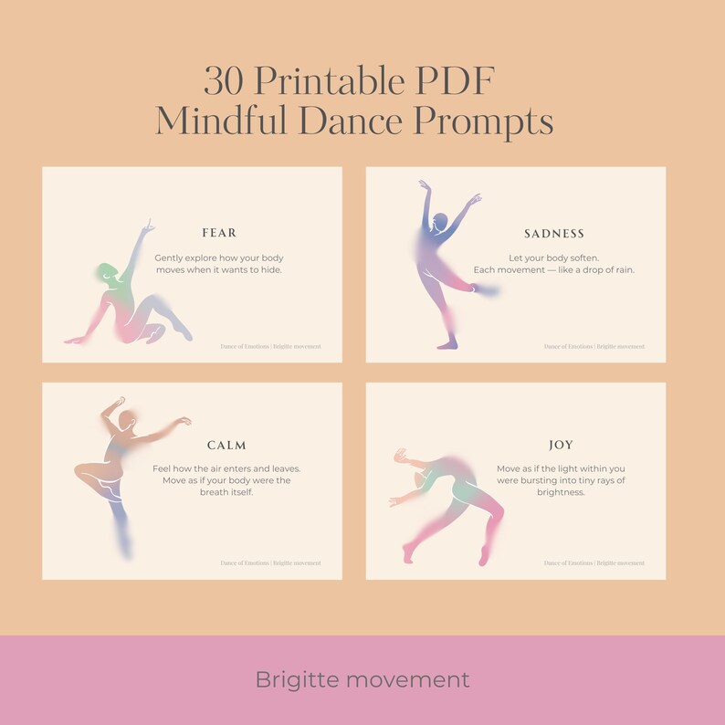 Pode incluir: Uma impress&atilde;o digital com quatro cart&otilde;es com sugest&otilde;es de dan&ccedil;a consciente. Cada cart&atilde;o apresenta uma ilustra&ccedil;&atilde;o de dan&ccedil;arino e uma sugest&atilde;o para emo&ccedil;&otilde;es como medo, tristeza, calma e alegria. O texto diz "30 sugest&otilde;es de dan&ccedil;a consciente em PDF para impress&atilde;o."