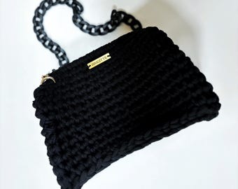 Black Crochet Handbag • Structured Evening Purse with Metal Frame
