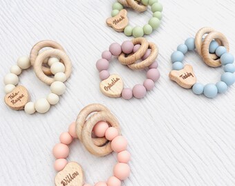 Personalized Baby Sensory Ring Toy | Custom Name, Wooden & Silicone (Interactive Activity)