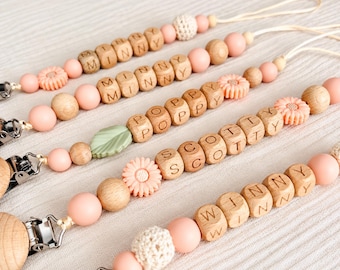 Personalised Silicone Bead Dummy Clip | Floral Wood Beads, Baby Shower Gift
