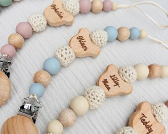 Personalised Handmade Pacifier Clip with Silicone, Wooden, and Crochet Beads in Pastel Colors
