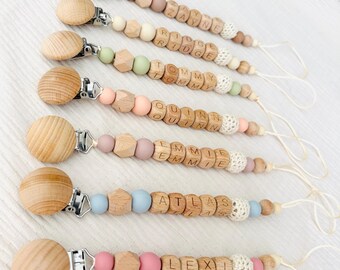 Personalised Wooden Beaded Pacifier Clip | Custom Name, Neutral Baby Gift