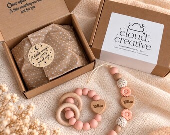 Personalised Wooden Baby Gift Set | Activity Ring & Dummy Clip (Custom Name)
