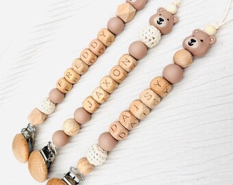 Personalised Bear Dummy Clip | Custom Name | Wooden & Silicone Beads | Baby Gift