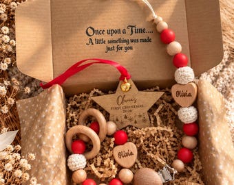 Personalised Wooden Baby Christmas Gift Set | Ornament, Dummy Clip, Activity Ring