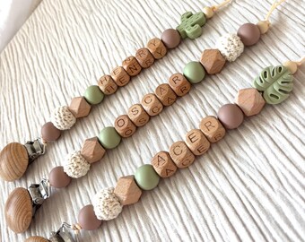 Personalised Dummy Clip | Sage Green & Wooden Beads | Custom Name Baby Pacifier Clip | Crochet Details | Baby Shower Gift