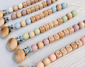 Personalised Beech Wood Pacifier Clip | Engraved Name, Silicone Beads (Baby Gift)