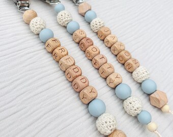 Personalised  Blue Dummy Clip | Custom Name | Wooden, Silicone & Crochet Beads