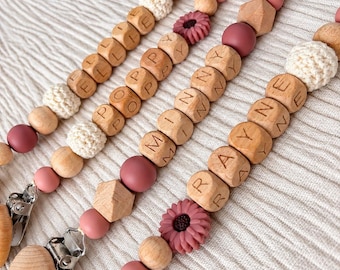 Personalised Wooden Baby Pacifier Clip | Pink Floral Beads, Custom Name (Handmade)