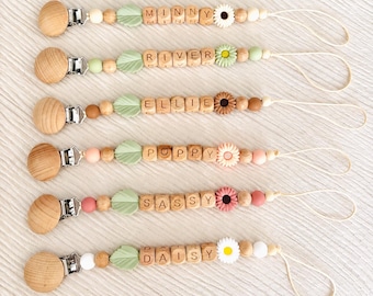 Personalised Wooden Baby Pacifier Clip | Floral Daisy, Name Beads (Handmade)
