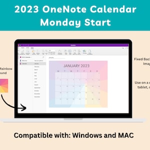 Puede incluir: Un ordenador portátil que muestra un calendario de 2023 en OneNote con un fondo de arcoíris geométrico. El calendario está configurado para comenzar el lunes y muestra el mes de enero. El texto "JANUARY 2023" se muestra en la parte superior del calendario. El texto "Compatible con: Windows y MAC" se muestra en la parte inferior de la imagen.
