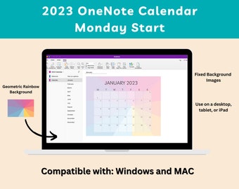 OneNote Planner, Monday Start, 2023 OneNote Digital Planner Template, 12 Month Calendar for Mac, Windows, iPad, and Android, Rainbow