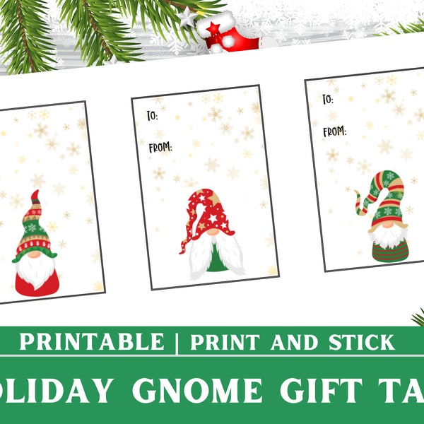 Christmas Gift Tags, Christmas Gnome, Printable, 3" x 2"