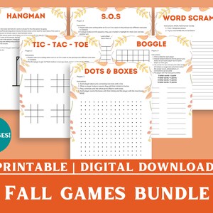 Könnte beinhalten: Druckbarer Spiele-Paket zum Thema Herbst mit über 5 Seiten. Die Spiele beinhalten Galgenmännchen, Tic-Tac-Toe, S.O.S, Punkte und Kästchen, Boggle und Wort-Scramble.
