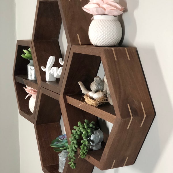 Hexagon Shelves - Floating Shelf- Hexagon Shelf - Geometric Shelves - Honeycomb Shelf - Wooden Shelves - Hanging Shelves-Black Walnut