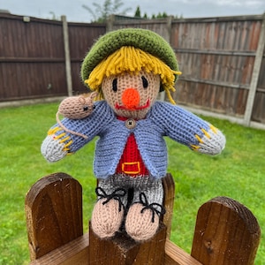 May include: A knitted scarecrow doll wearing a blue sweater, red vest, and green hat. The doll is holding a small brown knitted mouse in its left hand. The doll is sitting on a wooden fence.