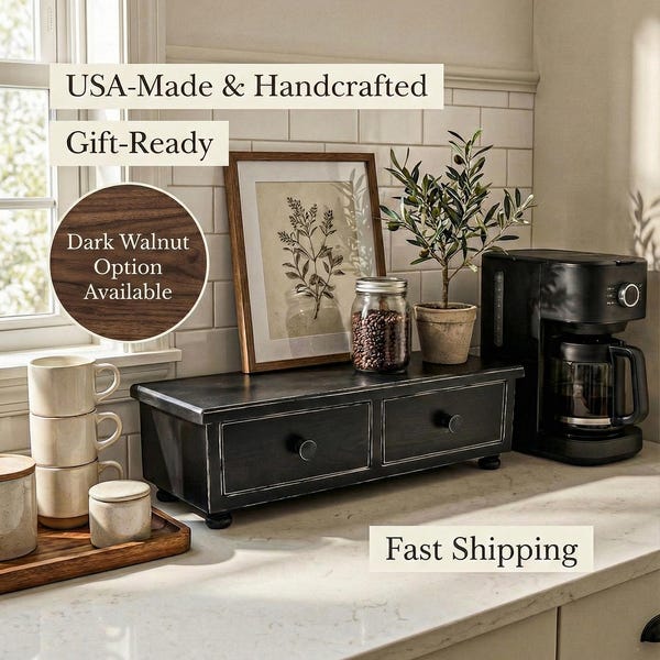 Wood Primitive Farmhouse Kitchen Countertop Cabinet – Rustic Kitchen Counter Organizer with Drawers, Tea Box, Spice Storage, K Cup Holder