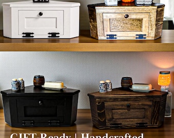 Corner Bread Box Wood breadbox Kitchen Countertop Bread box farmhouse kitchen storage primitive rustic modern farmhouse kitchen potato bin
