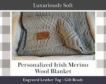 Personalized Irish Merino Wool Blanket with Custom Engraved Leather|Cable Knit Throw,Hygge Blanket Men Throw Cozy pillows and throw blankets