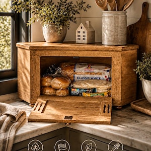 May include: A light brown wooden bread box with a hinged front door, containing a loaf of Wonder Classic White bread, a stack of tortillas, and Nature Valley bars. The box features a natural wood grain finish and sits on small rounded feet.