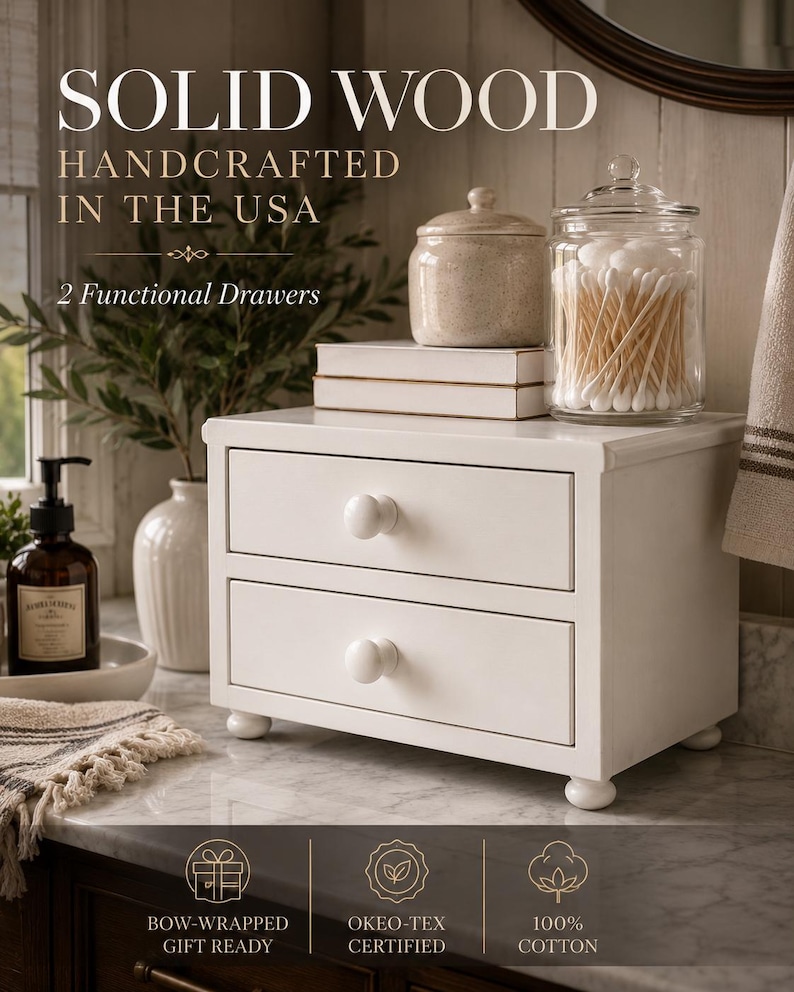 May include: A white solid wood storage unit with two functional drawers and round knobs, standing on four small ball feet. The text on the image reads: SOLID WOOD, HANDCRAFTED IN THE USA, 2 Functional Drawers, BOW-WRAPPED GIFT READY, OKEO-TEX CERTIFIED, 100% COTTON.