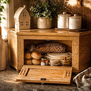 May include: A wooden bread box with a drop-down door containing a loaf of bread, rolls, tortillas, and jars. Text at the bottom reads: Solid Wood, Handcrafted in the US, Food-Safe Finish, 4 Finishes. The box sits on a counter with kitchen items.