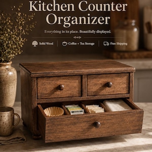 Farmhouse Countertop Cabinet: Rustic Kitchen Decor, Tea & K-Cup Storage