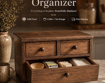 Farmhouse Countertop Cabinet: Rustic Kitchen Decor, Tea & K-Cup Storage