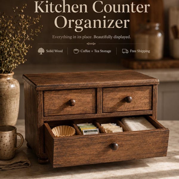 Farmhouse Countertop Cabinet: Rustic Kitchen Decor, Tea & K-Cup Storage